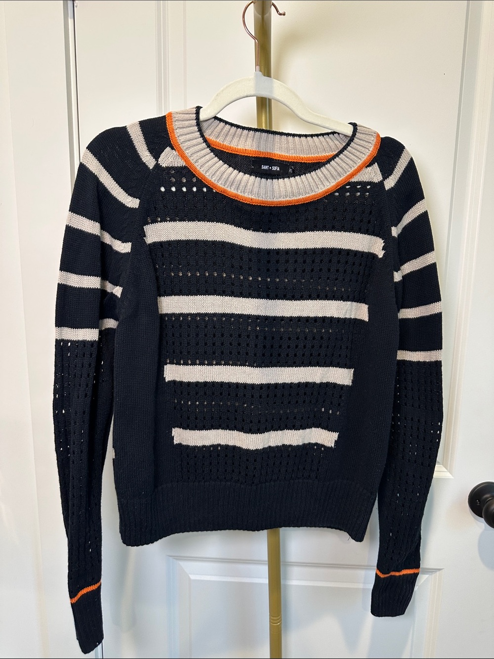 Saint & Sofia Striped black and Cream Knit Sweater with Orange Trim
